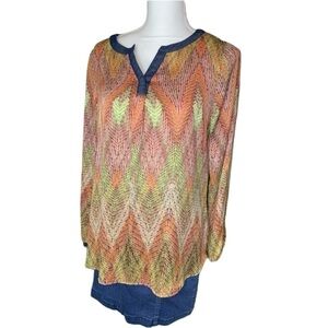 Liz Claiborne Woman’s Small Sheer Tunic Orange Cream Chevron Print Long Sleeve